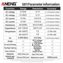 ANENG Digital Profissional Multímetro, sem contato Tester Tensão, Tela LCD Tester Atual, recarregável, AC, DC, 681